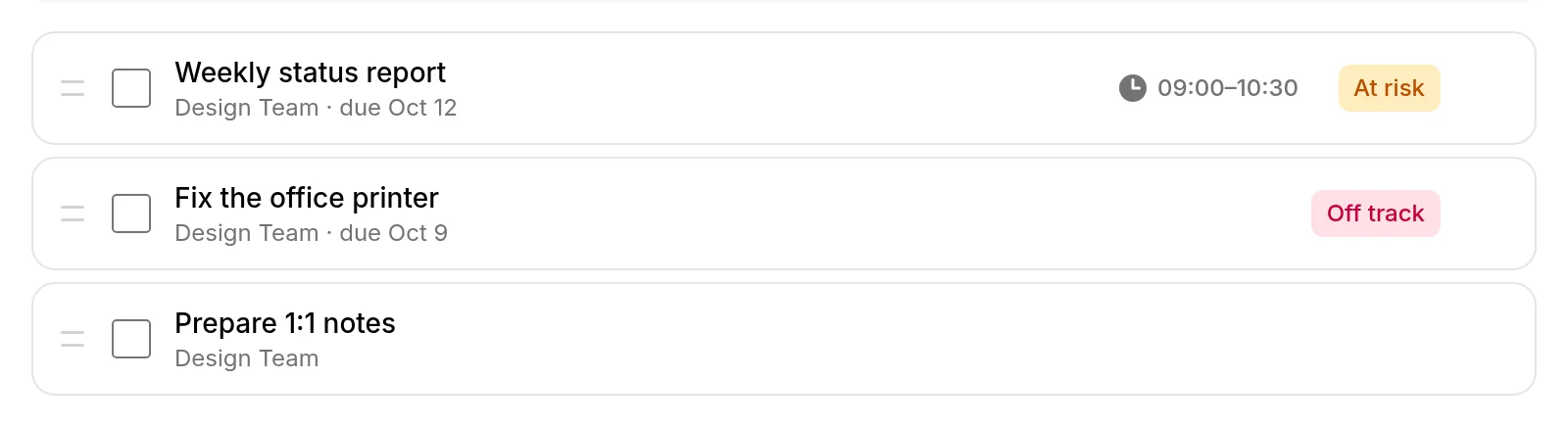 My Day: four tasks planned for today with a time block, health badges and one task ticked off.