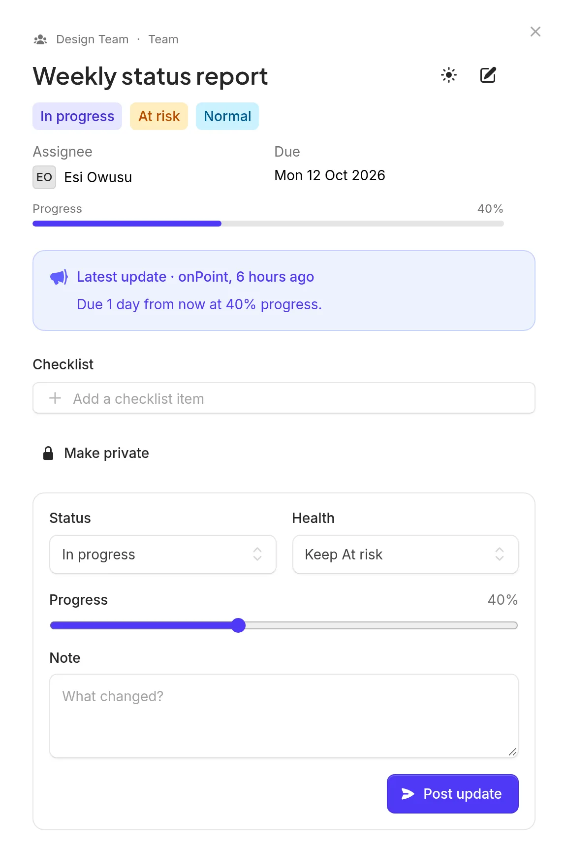 A task in onPoint showing its status, health, progress and the latest update.
